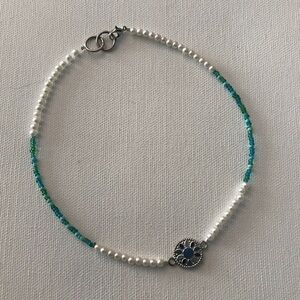 Silver Tone Enamel Blue and White Faux Pearls Beaded Choker Necklace 15”